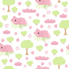 Cute kids seamless pattern with pink sleeping bears, star, hearts, clouds, bushes, trees.Pattern for boys and girls. Square pattern for printing on changeable white background.