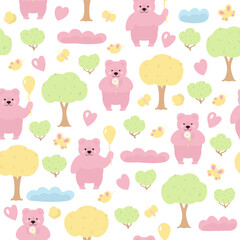 Cute kids seamless pattern with pink bears, bees, hearts, clouds, bushes, trees, butterflies.Pattern for boys and girls. Square pattern for printing on changeable white background.