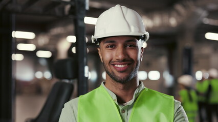 Multi-Ethnic Man Worker in Protective Yellow Vest Looking at Camera. Engineer Standing and Posing...