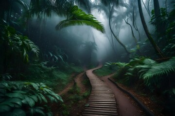 Pathway track through a foggy tropical rain forest (selective focus).