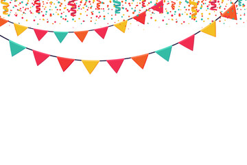 Obraz premium Garland of colored flags and confetti horizontal banner. Carnival garlands entertainment events. Festive vector background in flat cartoon style on a white background.