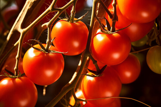 Ripening tomatoes in garden on sunny day closeup. Generative AI