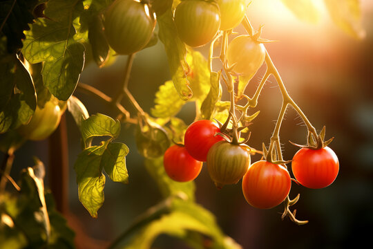 Ripening tomatoes in garden on sunny day. Generative AI