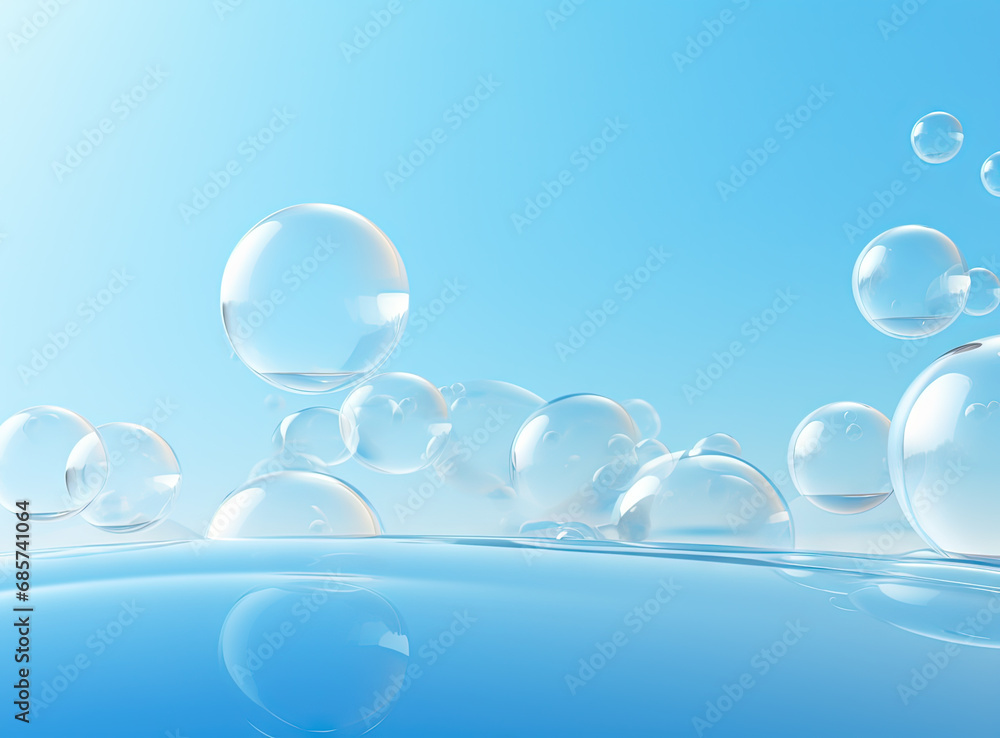 Poster Soaring bubbles on blue background. Abstract soap bubbles floating background.