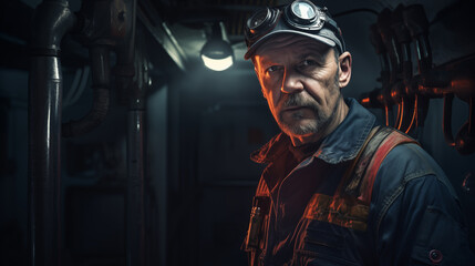 Portrait of male coal miner in helmet with lantern. Generative AI