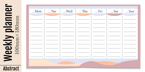 Horizontal template for weekly planner with days of the week, without dates. The week starts on Monday. Abstract shapes with waves. Isolated on white background.