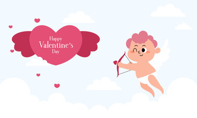 Valentine's Day Illustration with Cute Cupid Isolated on the Sky Clouds Background