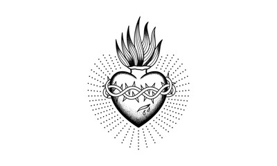 Traditional Fiery heart-shaped tattoo design Trendy Vintage style Vector illustration 