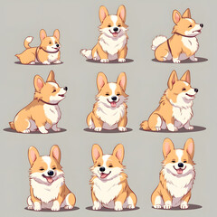 Collection of cheerful corgi dogs in various poses, showcasing their playful and affectionate nature