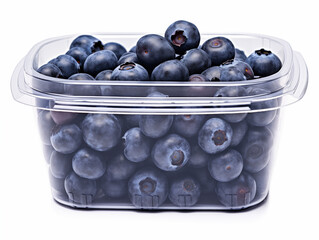 Blueberry. Berries in plastic disposable container. Close-up shot. Isolated on white background, for designers