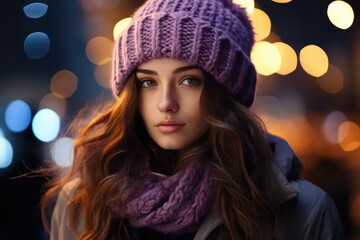 Woman wearing hat and scarf in a cold city at night - Powered by Adobe