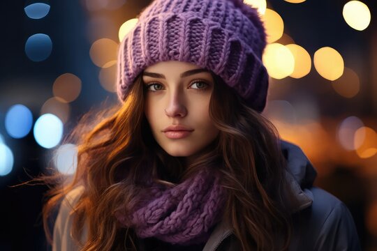 Woman Wearing Hat And Scarf In A Cold City At Night