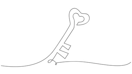 Key in continuous line art drawing style. Vector illustration