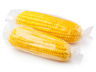 Vacuum-packed corn cob prepared for freezing and long-term storage. Close-up shot. Isolated on white background, for designers