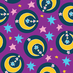 Starry night seamless vector pattern with moon, stars and clouds. Boho style decorative background for wallpaper, digital paper, wrapping design, fashion fabric, textile print. Hand drawn illustration