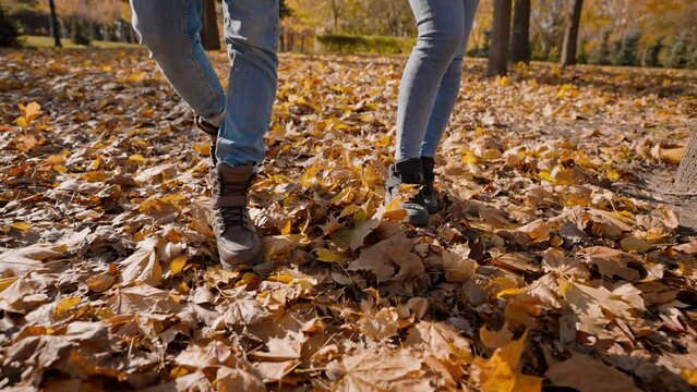 People in jeans and boots spend time together stepping on fallen leaves