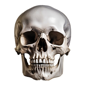 Human skull on PNG transparent background for decorating Halloween and horror projects.