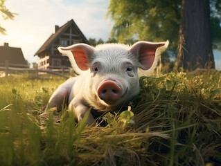 Piglet lying on grass during golden hour with a farm house in the background, capturing a serene rural scene
