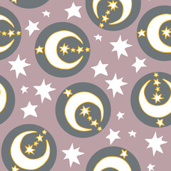 Starry night seamless vector pattern with moon, stars and clouds. Boho style decorative background for wallpaper, digital paper, wrapping design, fashion fabric, textile print. Hand drawn illustration