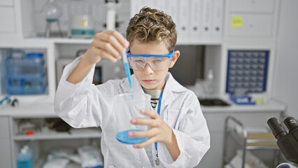 Adorable blond boy playing scientist, pouring liquid into a test tube in a cozy home lab, combining the fun of childhood with a serious interest in scientific analysis, promoting safety and learning.