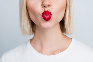 Close up cropped photo of glamour charming girl send kisses perfect mouth lips red balm aesthetic isolated on grey color background