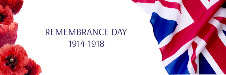Remembrance Day banner with Official Flag of United Kingdom of Great Britain and Northern Ireland...