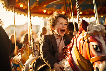 Joyful child boy enjoying a carousel ride at an Easter fair
