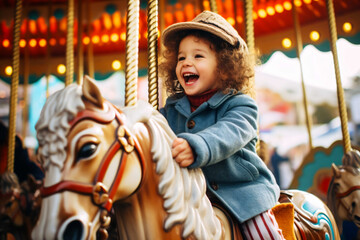 Fototapeta na wymiar Joyful cute child enjoying a carousel ride at an Easter fair
