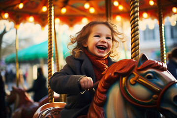 Joyful child girl enjoying a carousel ride at an Easter fair - obrazy, fototapety, plakaty