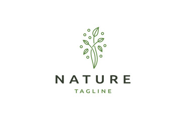 Green nature flower with line art style logo design template flat vector