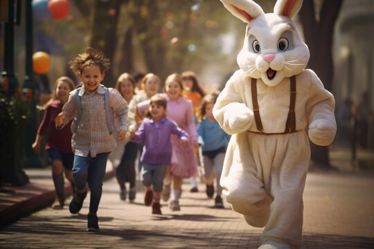 Happy Easter Bunny Runs Away From A Crowd Of Happy Children To Hide Eggs