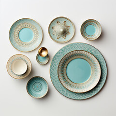 panel of ceramic plates of luxurious turquoise color with gold painting on a white background