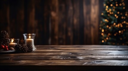 Empty wooden table with christmas theme in background. Christmas or New Year background. Magic concept. New Year concept. Celebrate concept.