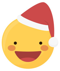 christmas Emoji, yellow emoji face with a big smile, Santa Claus Emoticon smiling. Clipart to use in chat, web, social media, holiday,  good wishes, greetings,  designs. Merry Christmas icon
