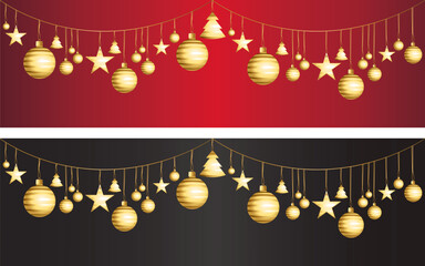 Christmas decorations. Red and gold and black vector banners set. Illustration.