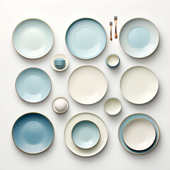 panel collection of ceramic plates in luxurious blue and white on a white background