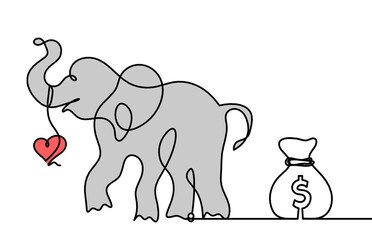Silhouette of color abstract elephant with dollar as line drawing