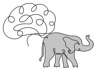 Silhouette of color abstract elephant with brain as line drawing