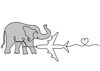 Silhouette of color abstract elephant with plane as line drawing