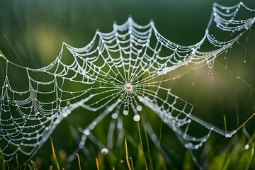 Macro shot of a delicate spiderweb adorned with morning dew in a meadow.

