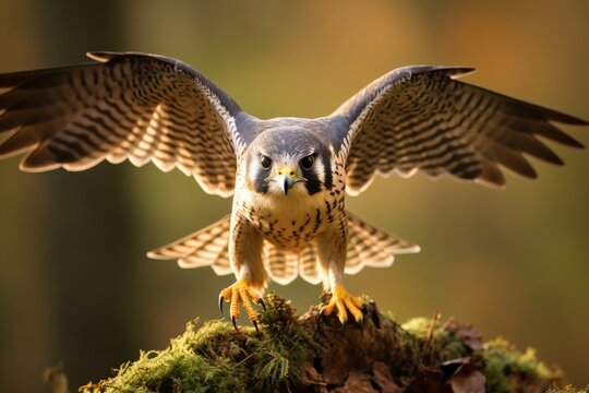 Photo of a striking falcon in a dynamic hunting pose. Generative AI