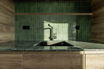 Sink in a designer kitchen with a green marble countertop, tiles on the backsplash, black taps and...