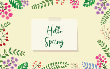 Fototapeta na wymiar Hello Spring hand drawn vector illustration. Season lettering for greeting card, poster, banner, invitation, brochure, voucher discount. Spring background with flower and leaf. Spring time.