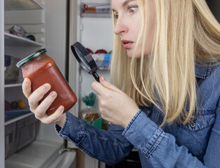 Woman reads instructions for food products at home. Checking labels on goods. Study of product compositions. Search Internet for descriptions of product gradients. Useful or harmful. Nutritionology