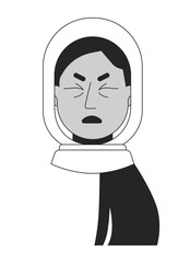 Muslim hijab woman winced in pain black and white 2D vector avatar illustration