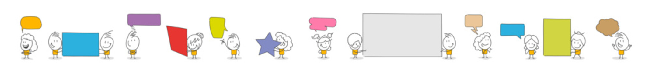 Stick figures. Blank banner. Vector illustration of man holding blank banner. It can be used for presentation, for explanation, as a mascot, for communication, to express emotions.