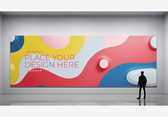 Realistic Gallery Frame Mockup Template: Man Standing in Front of Large White Screen in Art Museum with Shadow on Floor and Black and White Wall