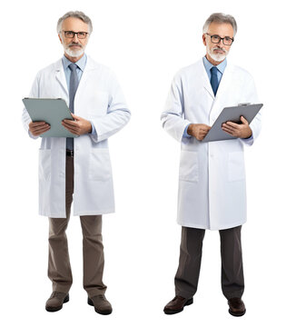 Full body of man doctor holding a notepad isolated cutout PNG on transparent background.