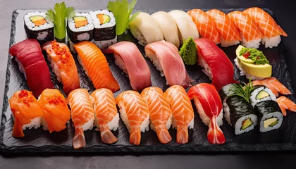 Fotobehang Assorted sushi nigiri and maki set on slate. © wiizii