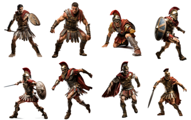 collection of military warrior of ancient rome wearing armor in combat action isolated on transparent background